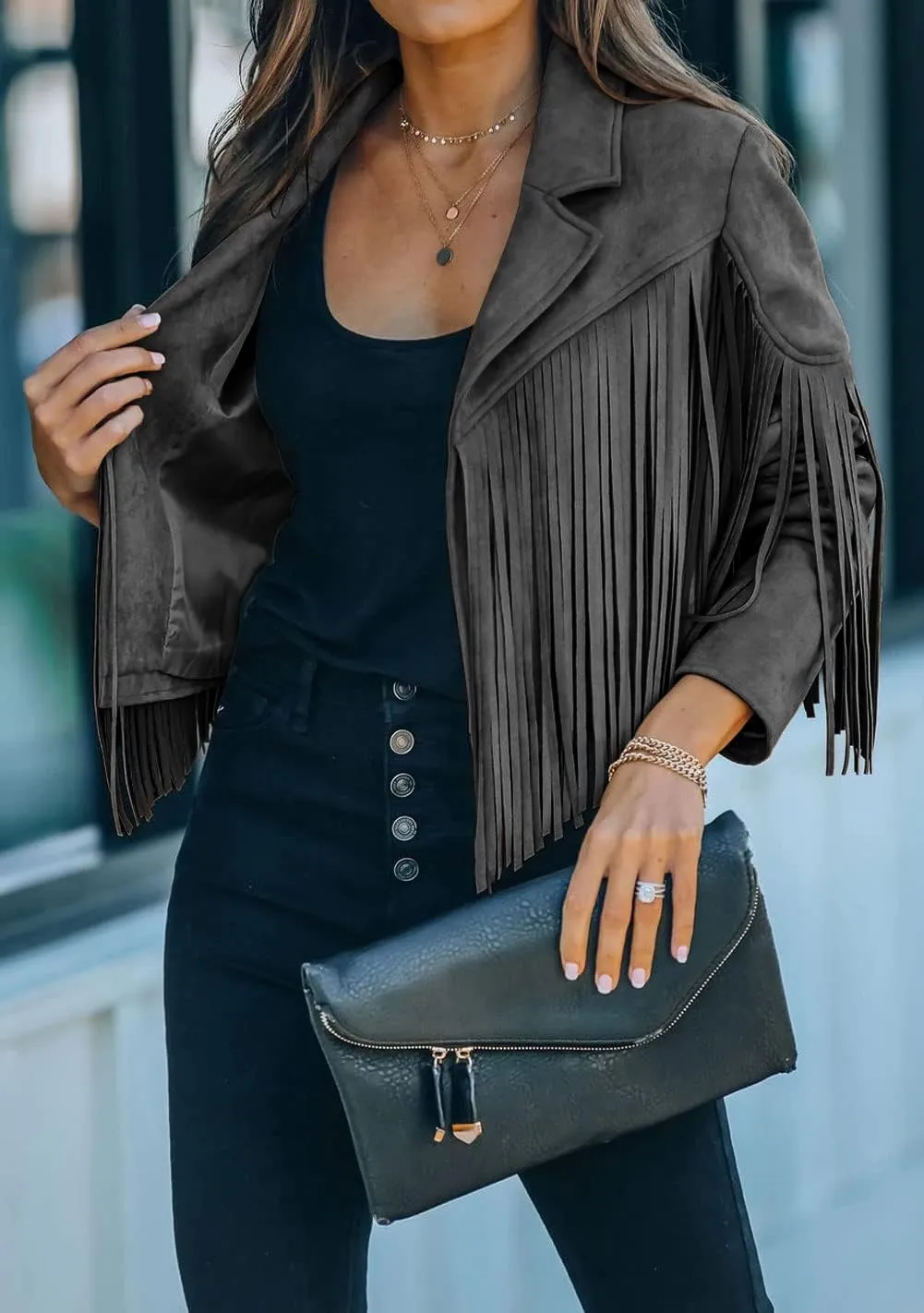loveimgs Women Faux Suede Fringe Jacket Western Tassel Cropped Jacket Biker Motorcycle Leather Jacket