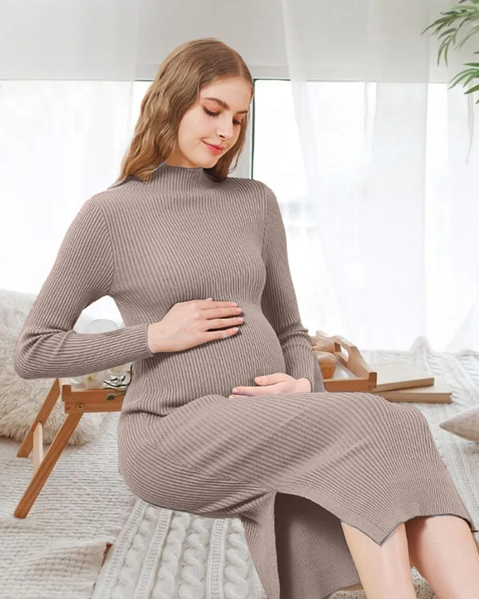 Maternity Sweater Dress Long Sleeve Turtleneck Ribbed Side Slit Bodycon Nursing Midi Dress Pregnancy Clothes