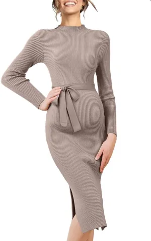 Maternity Sweater Dress Long Sleeve Turtleneck Ribbed Side Slit Bodycon Nursing Midi Dress Pregnancy Clothes