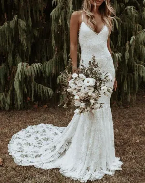 Mermaid V-neck Straps Sleeveless Sweep Fishtail Lace Wedding Dress