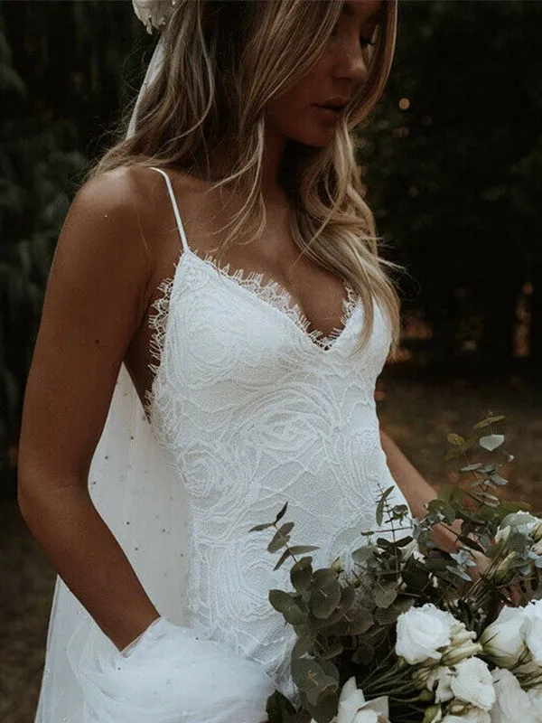 Mermaid V-neck Straps Sleeveless Sweep Fishtail Lace Wedding Dress