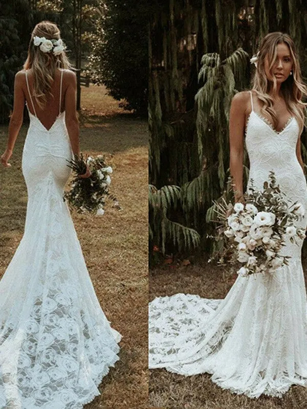 Mermaid V-neck Straps Sleeveless Sweep Fishtail Lace Wedding Dress
