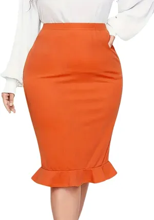 Plus Size Midi Pencil Skirt for Curvy Women - Stretch Office Fishtail Skirt Peplum Cocktail Party Skirts High Waist