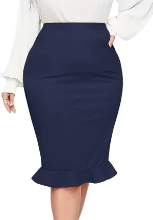 Plus Size Midi Pencil Skirt for Curvy Women - Stretch Office Fishtail Skirt Peplum Cocktail Party Skirts High Waist