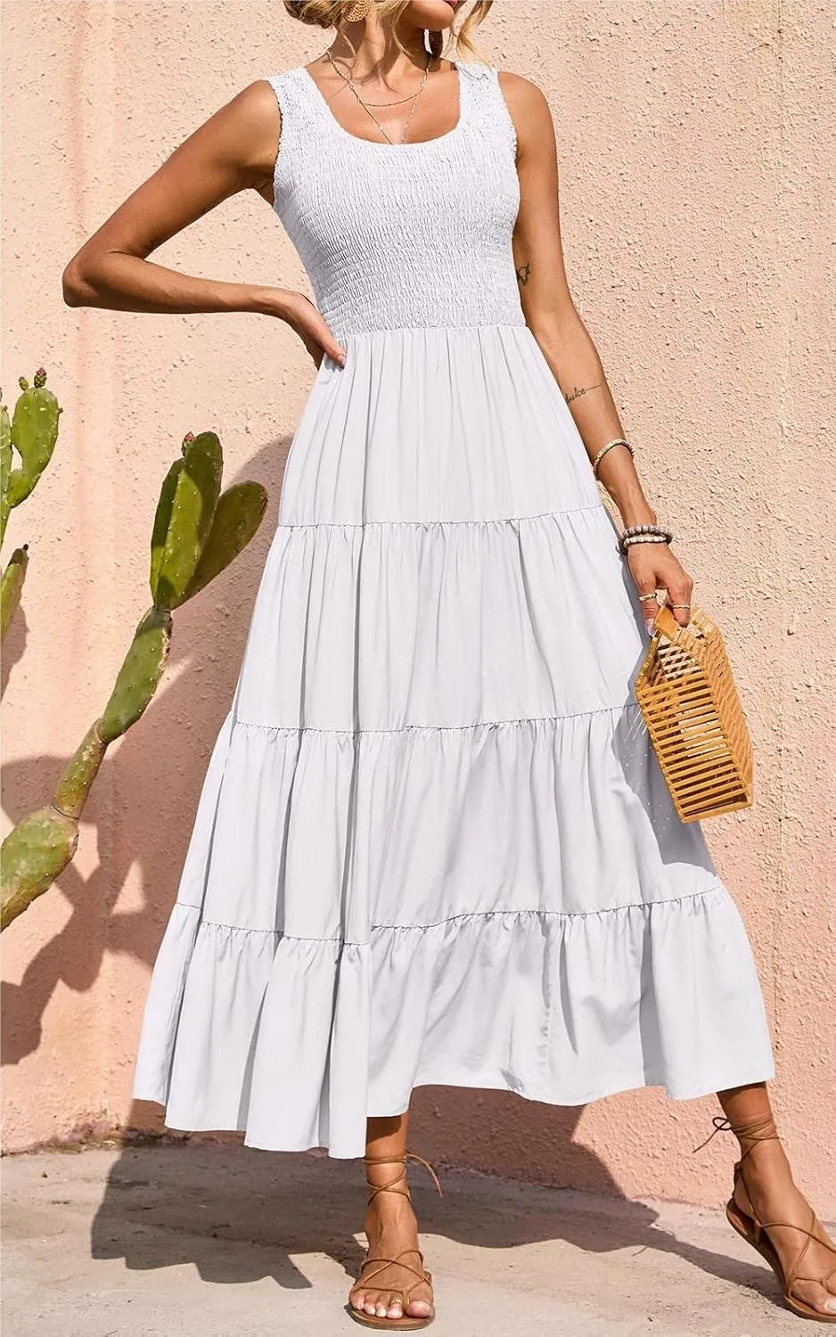 PRETTYGARDEN Women's 2025 Casual Loose Plain Maxi Sundress Smocked Tank Dress Sleeveless Summer Beach Tiered Long Dresses