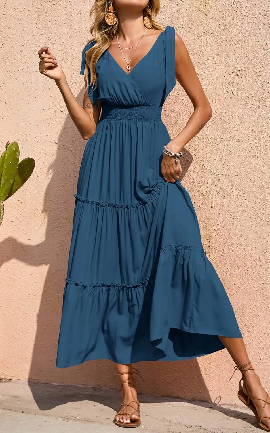 PRETTYGARDEN Women's Cross Neck Summer Sleeveless Tiered Maxi Dress Beach Tie Strap Smocked Long Dresses Pleated Sundress