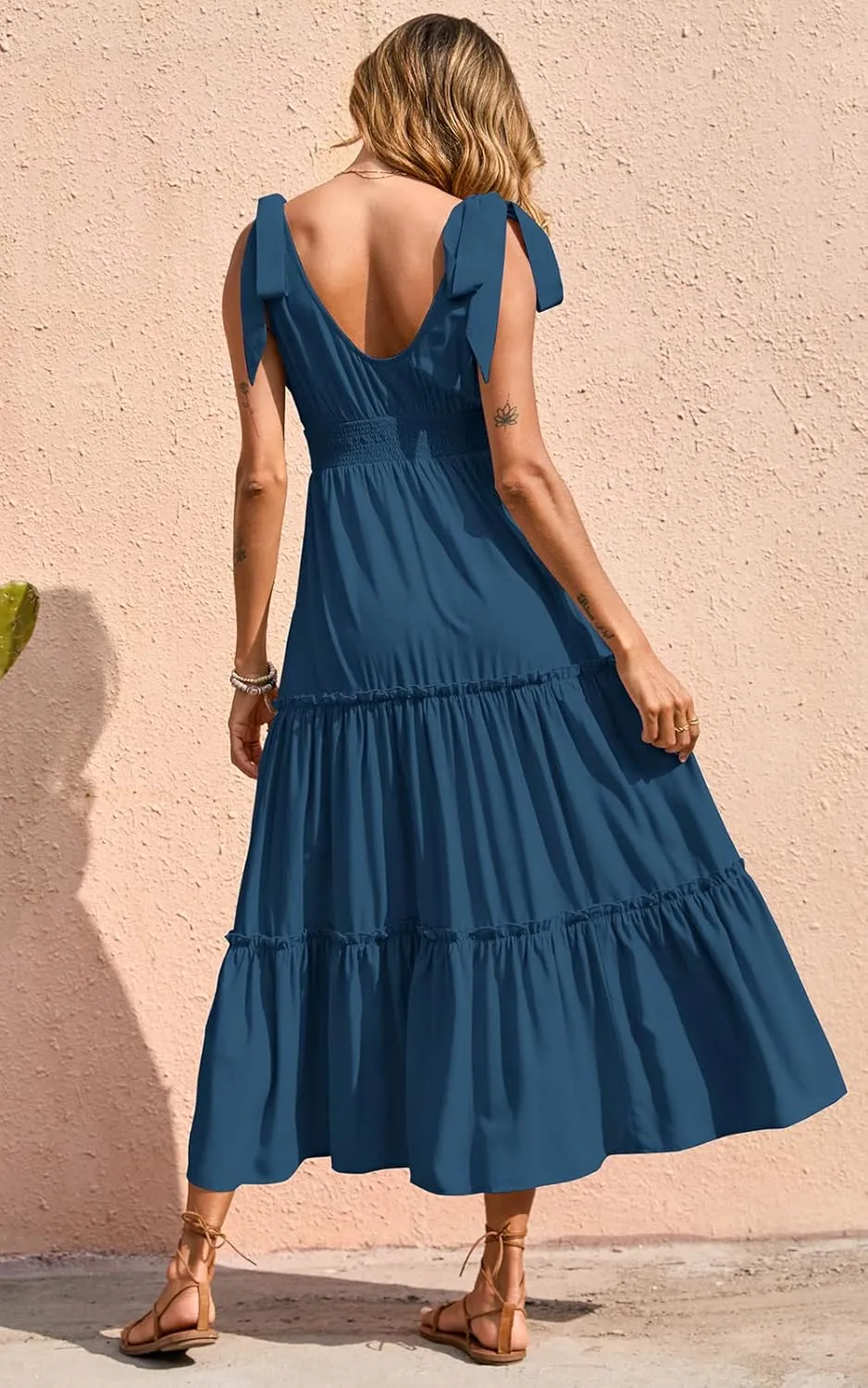PRETTYGARDEN Women's Cross Neck Summer Sleeveless Tiered Maxi Dress Beach Tie Strap Smocked Long Dresses Pleated Sundress