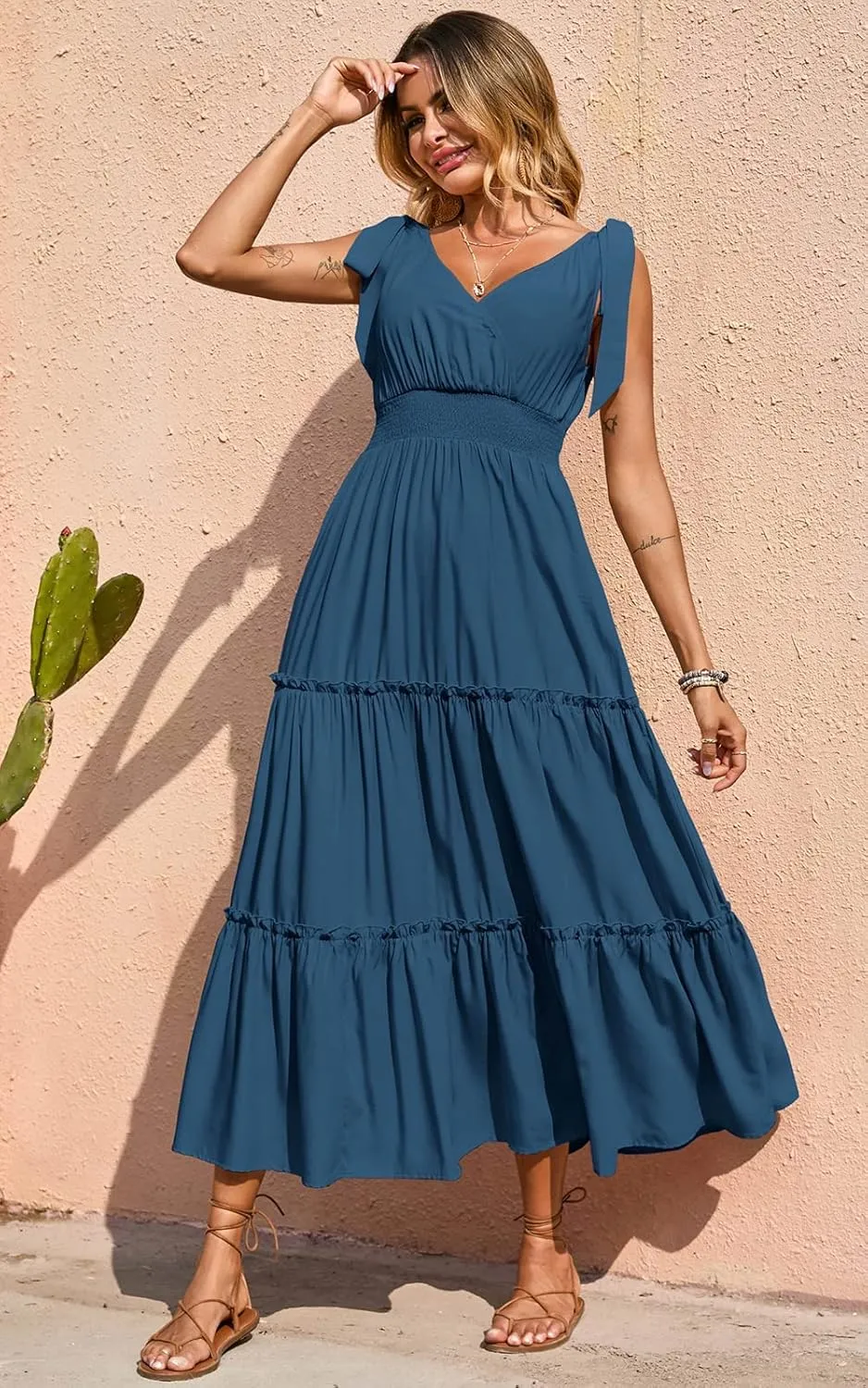 PRETTYGARDEN Women's Cross Neck Summer Sleeveless Tiered Maxi Dress Beach Tie Strap Smocked Long Dresses Pleated Sundress