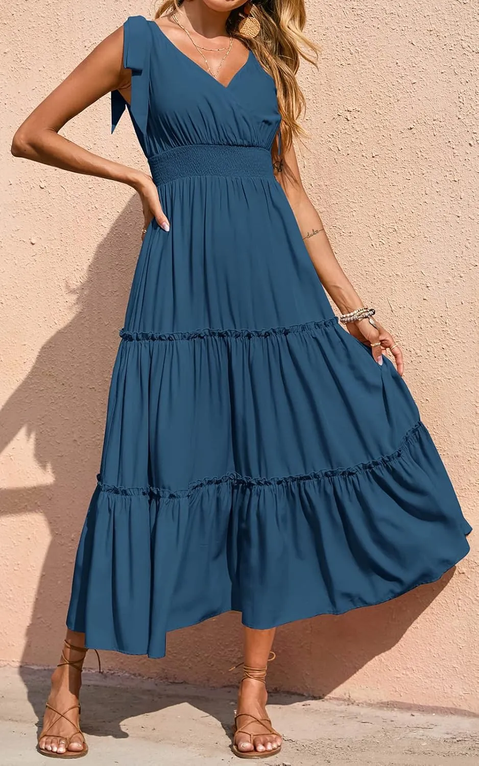PRETTYGARDEN Women's Cross Neck Summer Sleeveless Tiered Maxi Dress Beach Tie Strap Smocked Long Dresses Pleated Sundress
