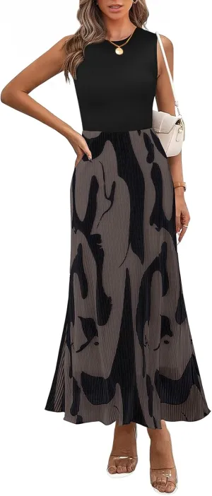PRETTYGARDEN Womens Spring 2025 Graphic Print A Line Pleated Work Midi Dresses for Women Casual Plisse Long Dress