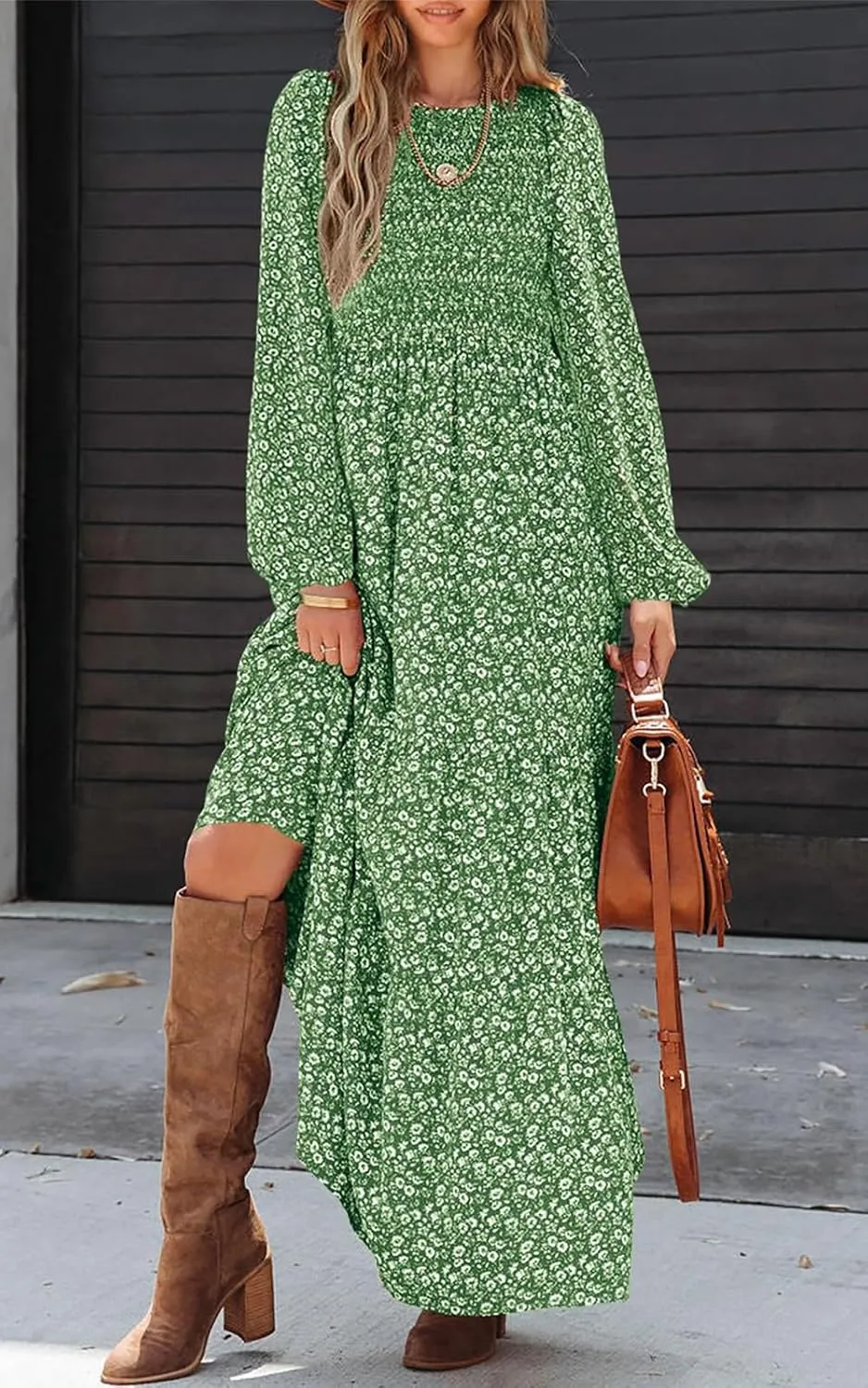 PRETTYGARDEN Women's Spring Dresses 2025 Long Sleeve Flowy Casual Floral Maxi Dress Crew Neck Smocked Tiered Long Dress