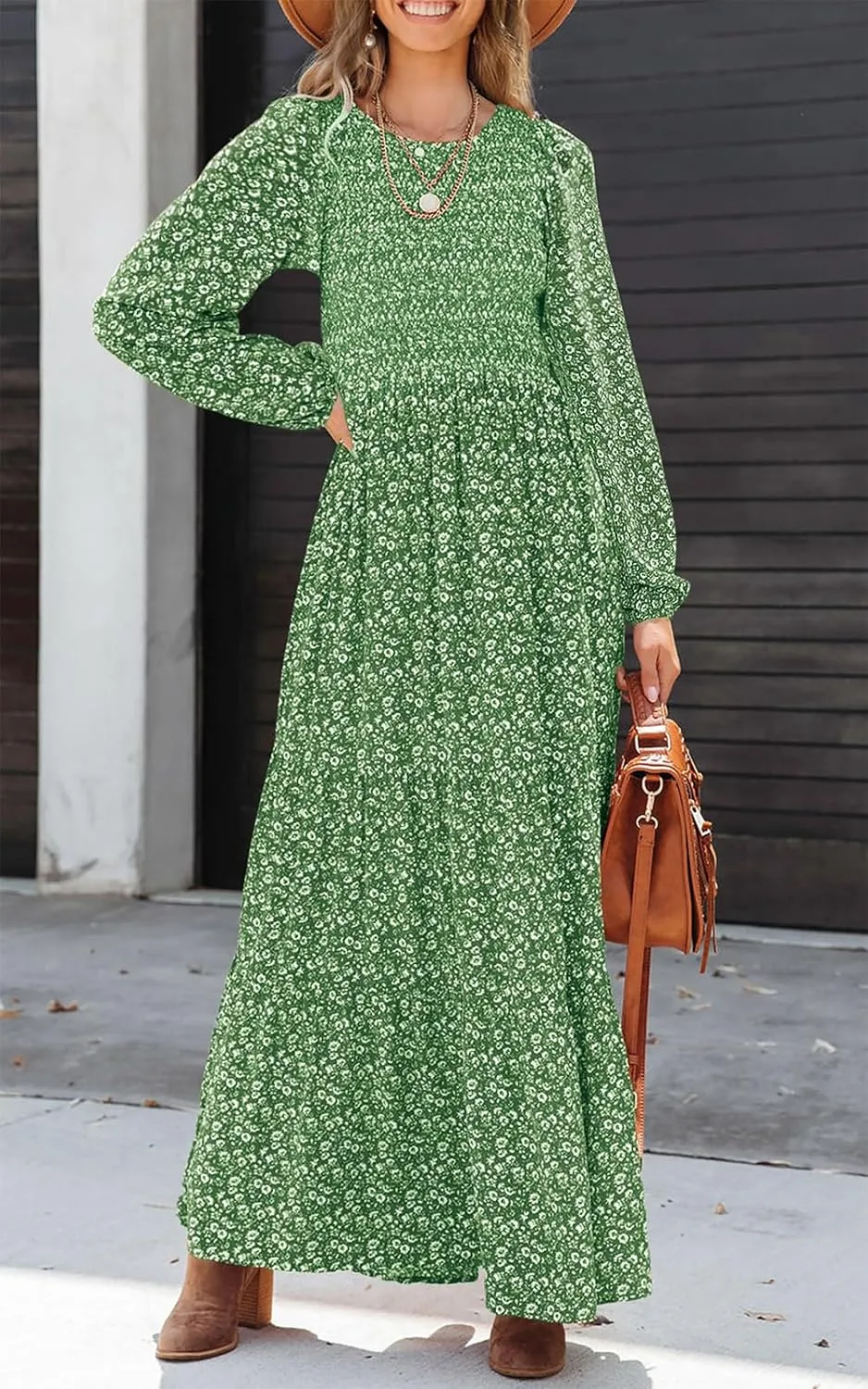 PRETTYGARDEN Women's Spring Dresses 2025 Long Sleeve Flowy Casual Floral Maxi Dress Crew Neck Smocked Tiered Long Dress