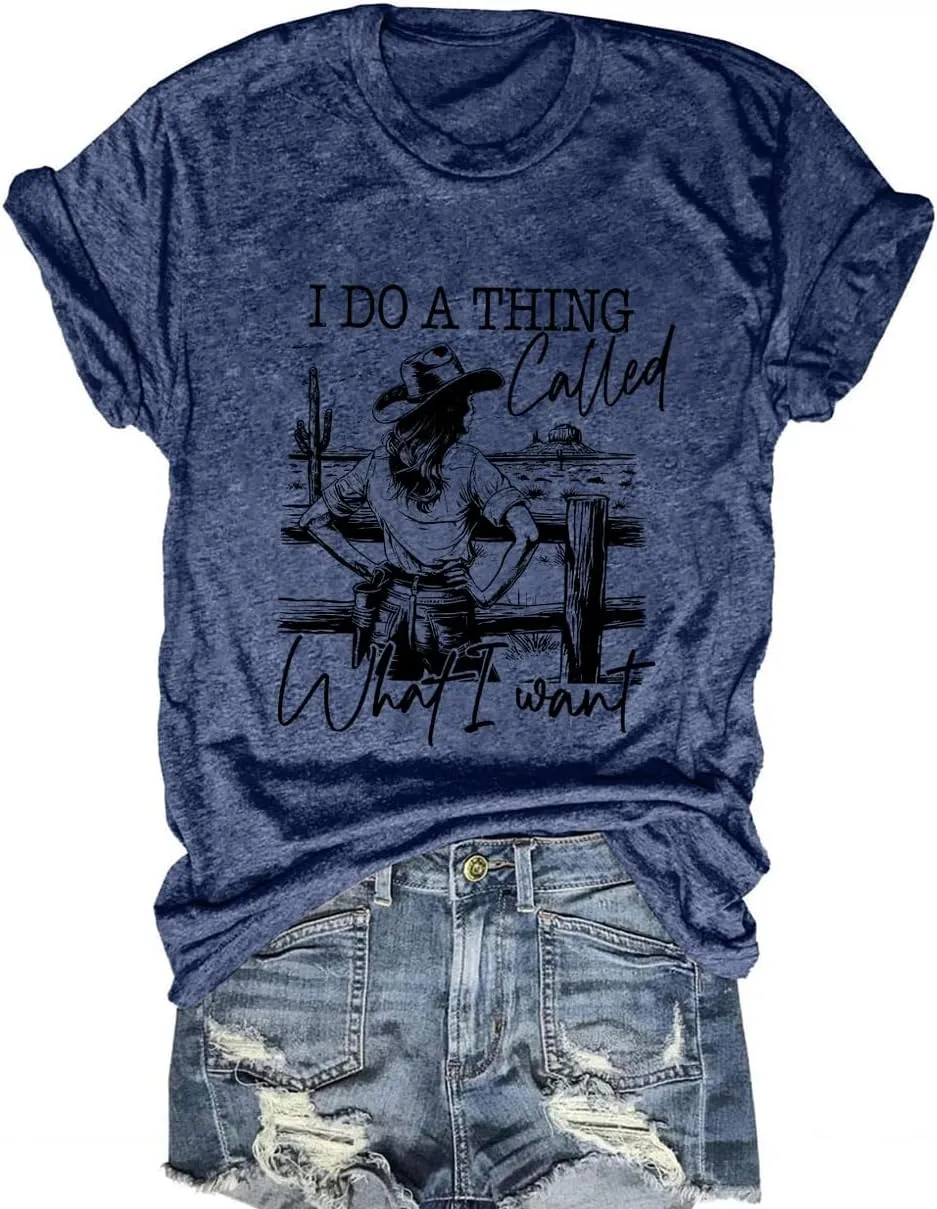 Savarana Western Cowgirls Shirts Women Vintage Graphic Tee Tops Funny Letter Print Country Music Tshirt