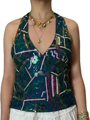 Sequin Halter Top for Women Sexy Sleeveless Deep V Neck Backless Glitter Tank Top Night Out Party Rave Outfits