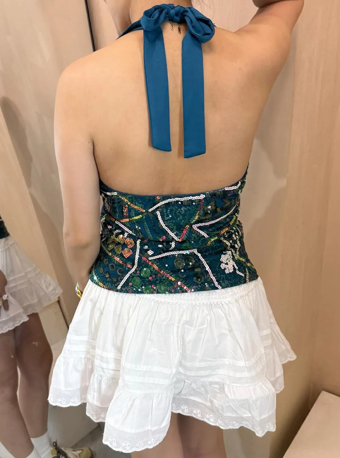Sequin Halter Top for Women Sexy Sleeveless Deep V Neck Backless Glitter Tank Top Night Out Party Rave Outfits