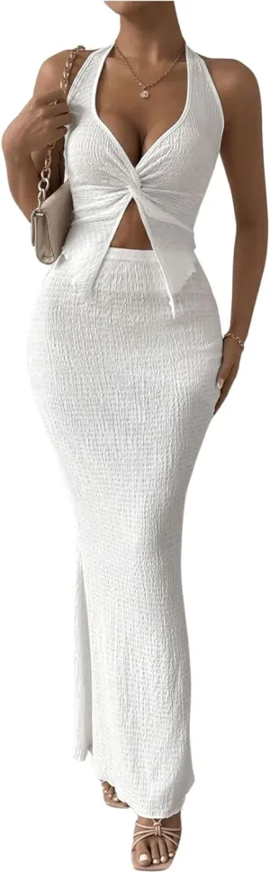 SHENHE Women's Sexy 2 Piece Outfits Twist Front Split Halter Crop Top and Bodycon Maxi Skirt Set