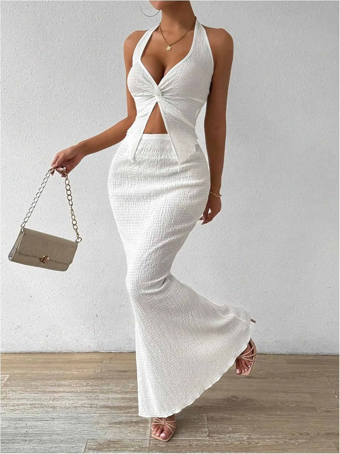 SHENHE Women's Sexy 2 Piece Outfits Twist Front Split Halter Crop Top and Bodycon Maxi Skirt Set