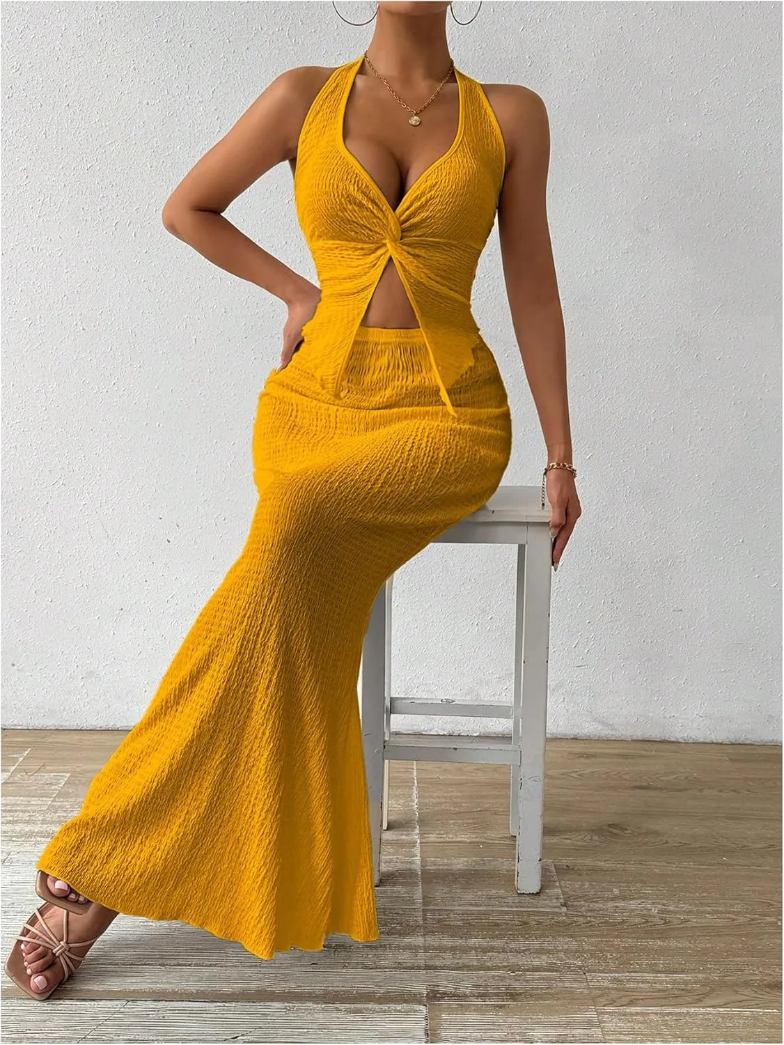 SHENHE Women's Sexy 2 Piece Outfits Twist Front Split Halter Crop Top and Bodycon Maxi Skirt Set