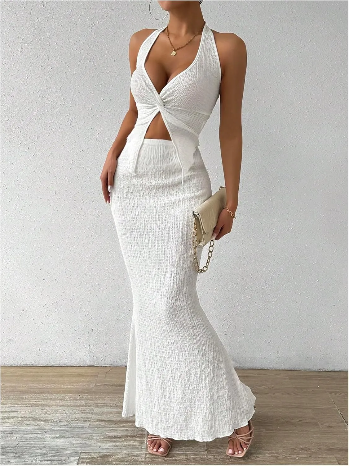 SHENHE Women's Sexy 2 Piece Outfits Twist Front Split Halter Crop Top and Bodycon Maxi Skirt Set