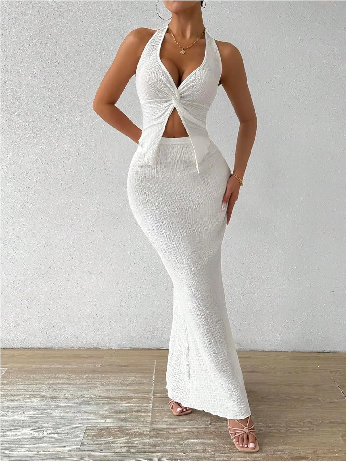 SHENHE Women's Sexy 2 Piece Outfits Twist Front Split Halter Crop Top and Bodycon Maxi Skirt Set