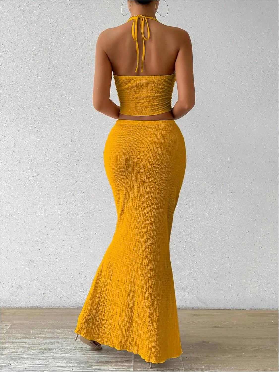 SHENHE Women's Sexy 2 Piece Outfits Twist Front Split Halter Crop Top and Bodycon Maxi Skirt Set