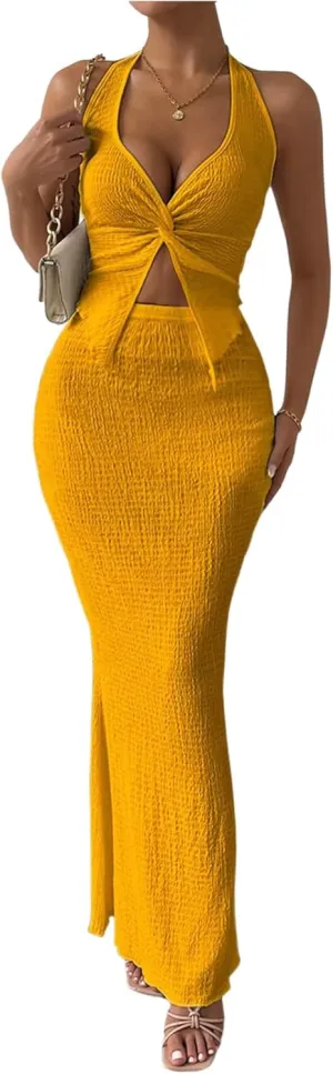 SHENHE Women's Sexy 2 Piece Outfits Twist Front Split Halter Crop Top and Bodycon Maxi Skirt Set