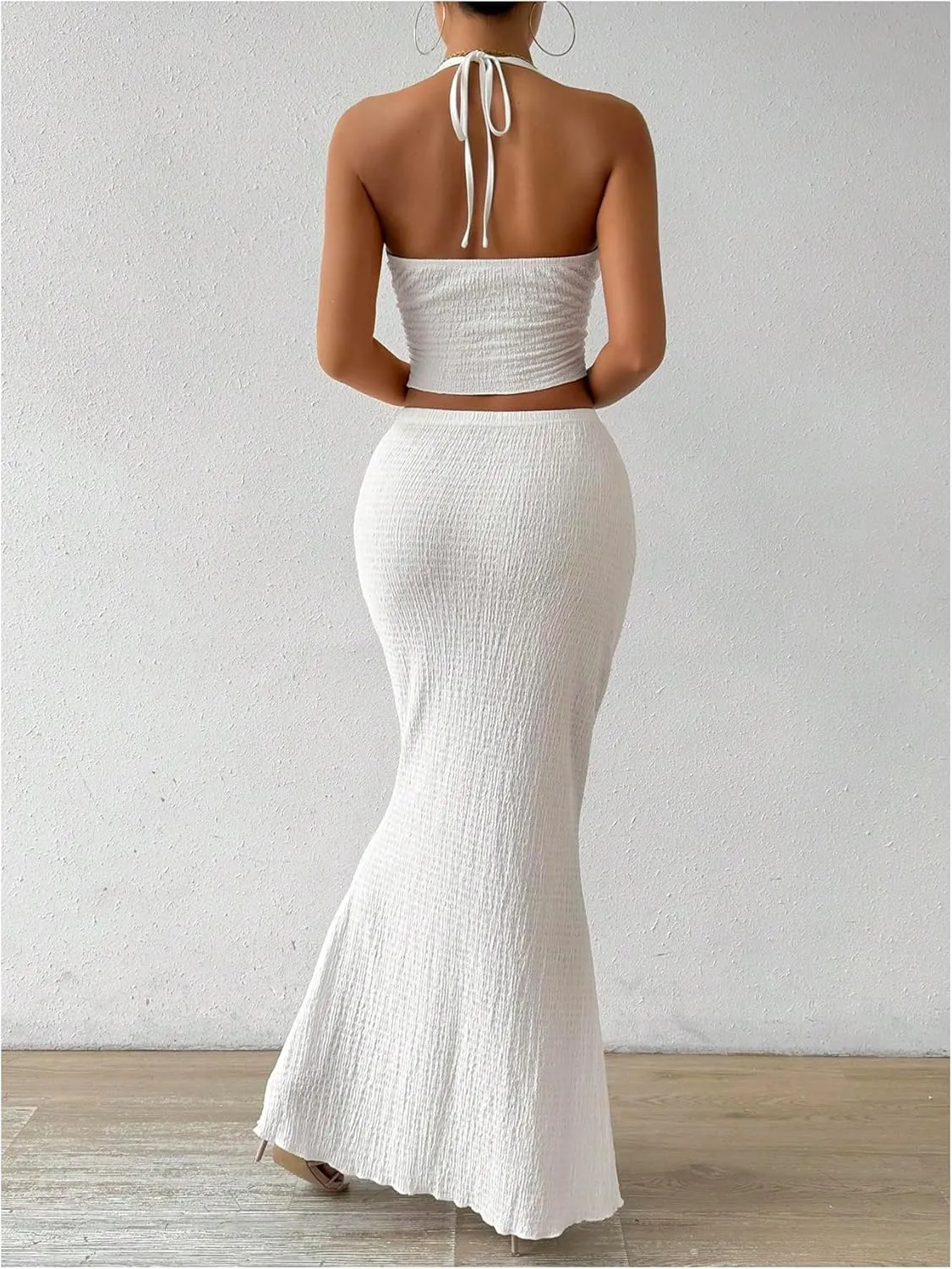 SHENHE Women's Sexy 2 Piece Outfits Twist Front Split Halter Crop Top and Bodycon Maxi Skirt Set