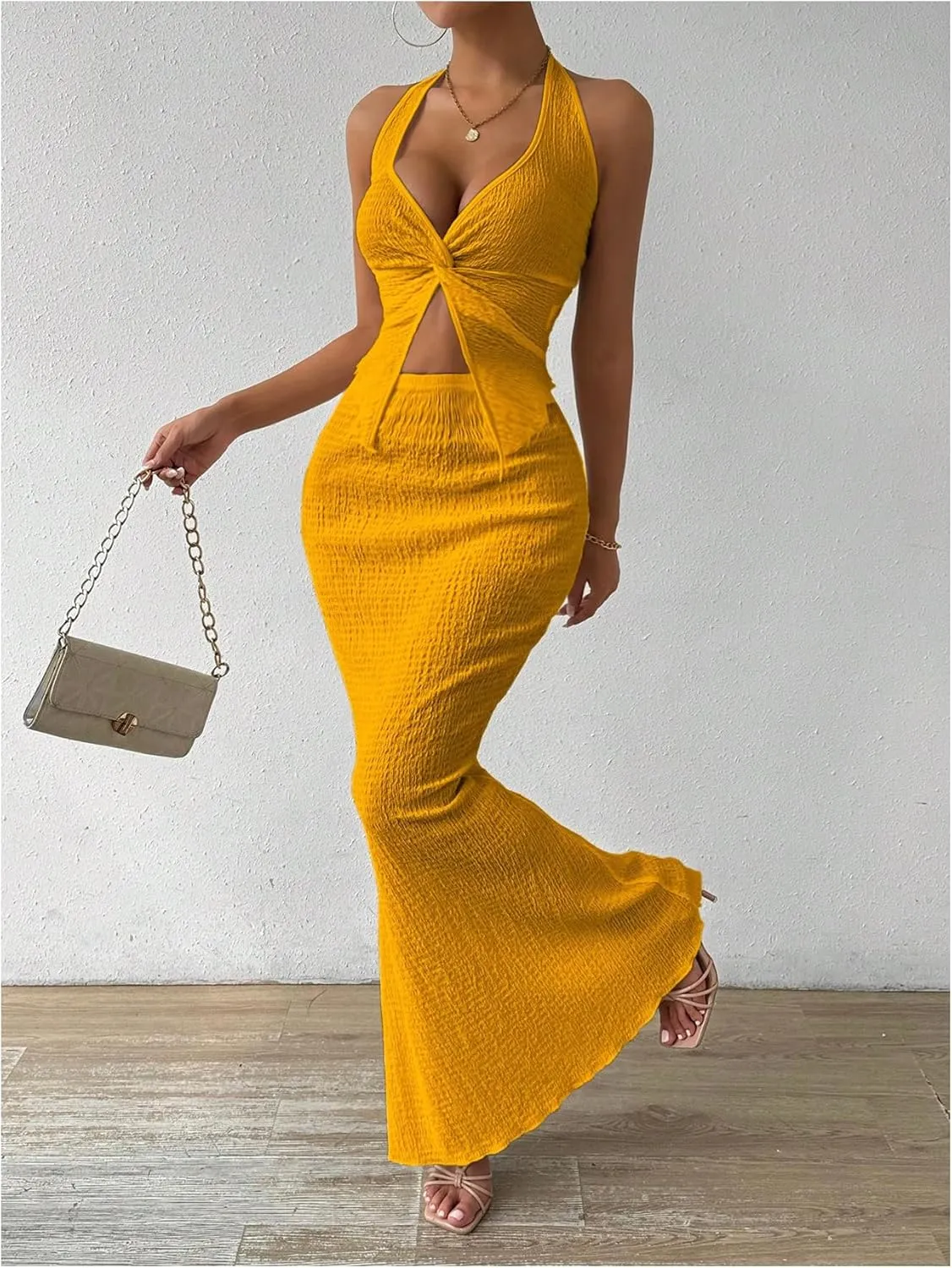 SHENHE Women's Sexy 2 Piece Outfits Twist Front Split Halter Crop Top and Bodycon Maxi Skirt Set