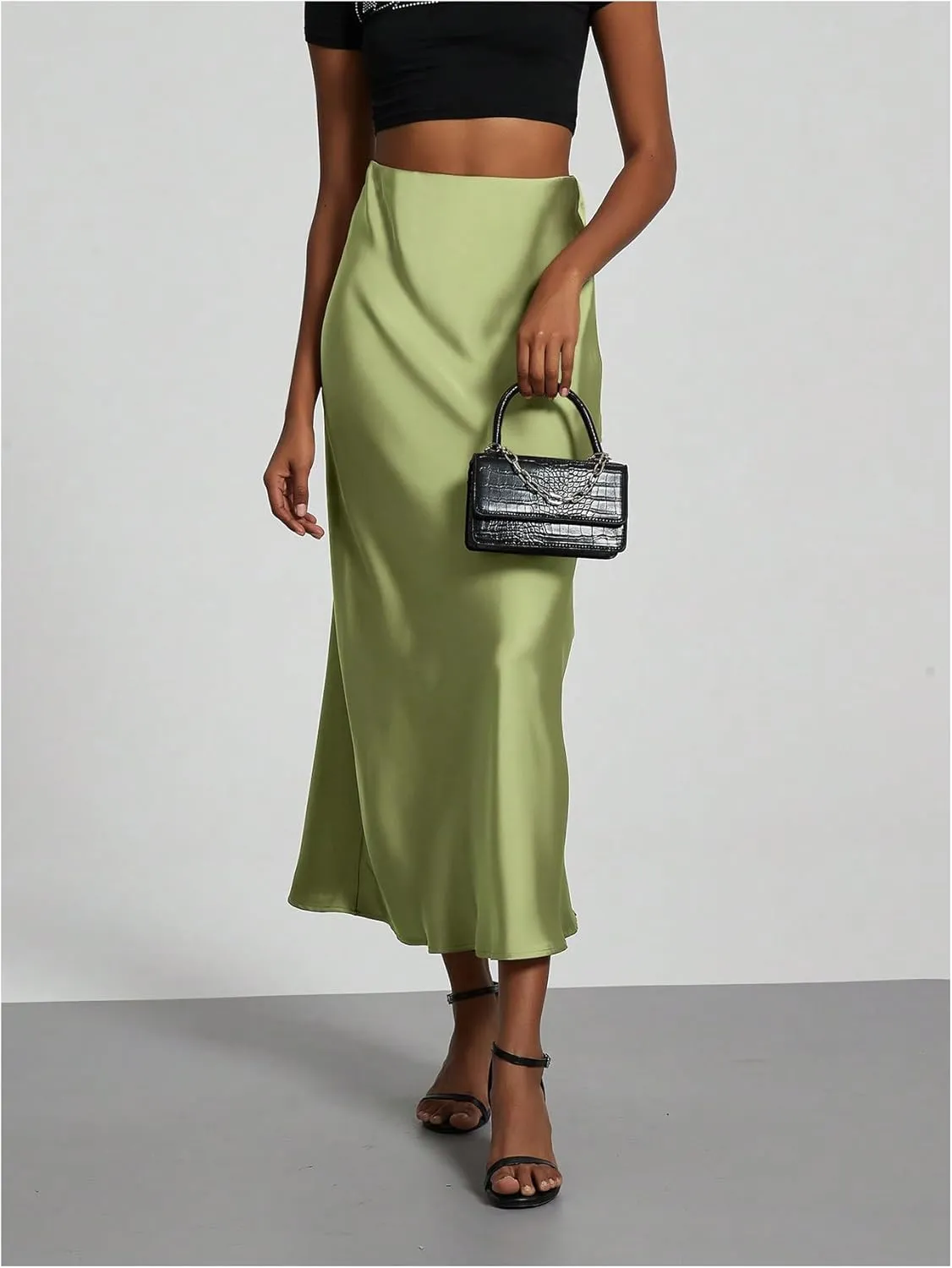 SOLY HUX Women's Elegant Satin Skirts High Waisted Flared Casual Work Office Fishtail Midi Skirt