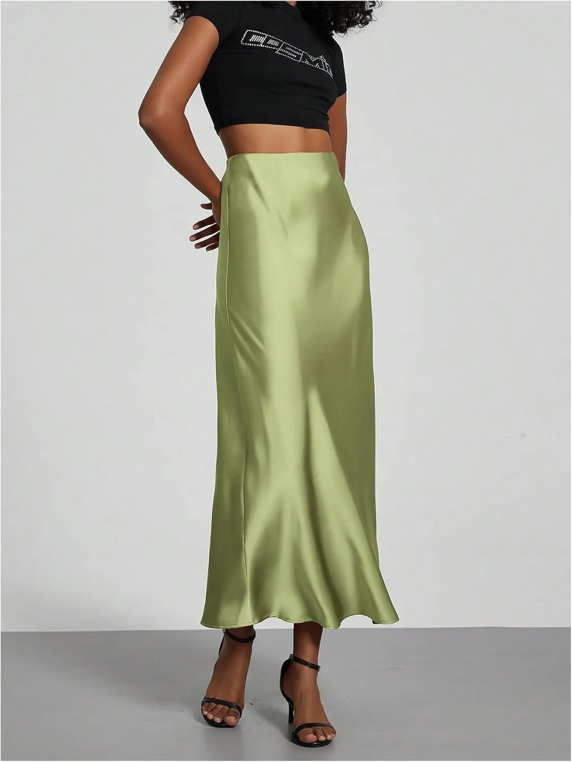 SOLY HUX Women's Elegant Satin Skirts High Waisted Flared Casual Work Office Fishtail Midi Skirt