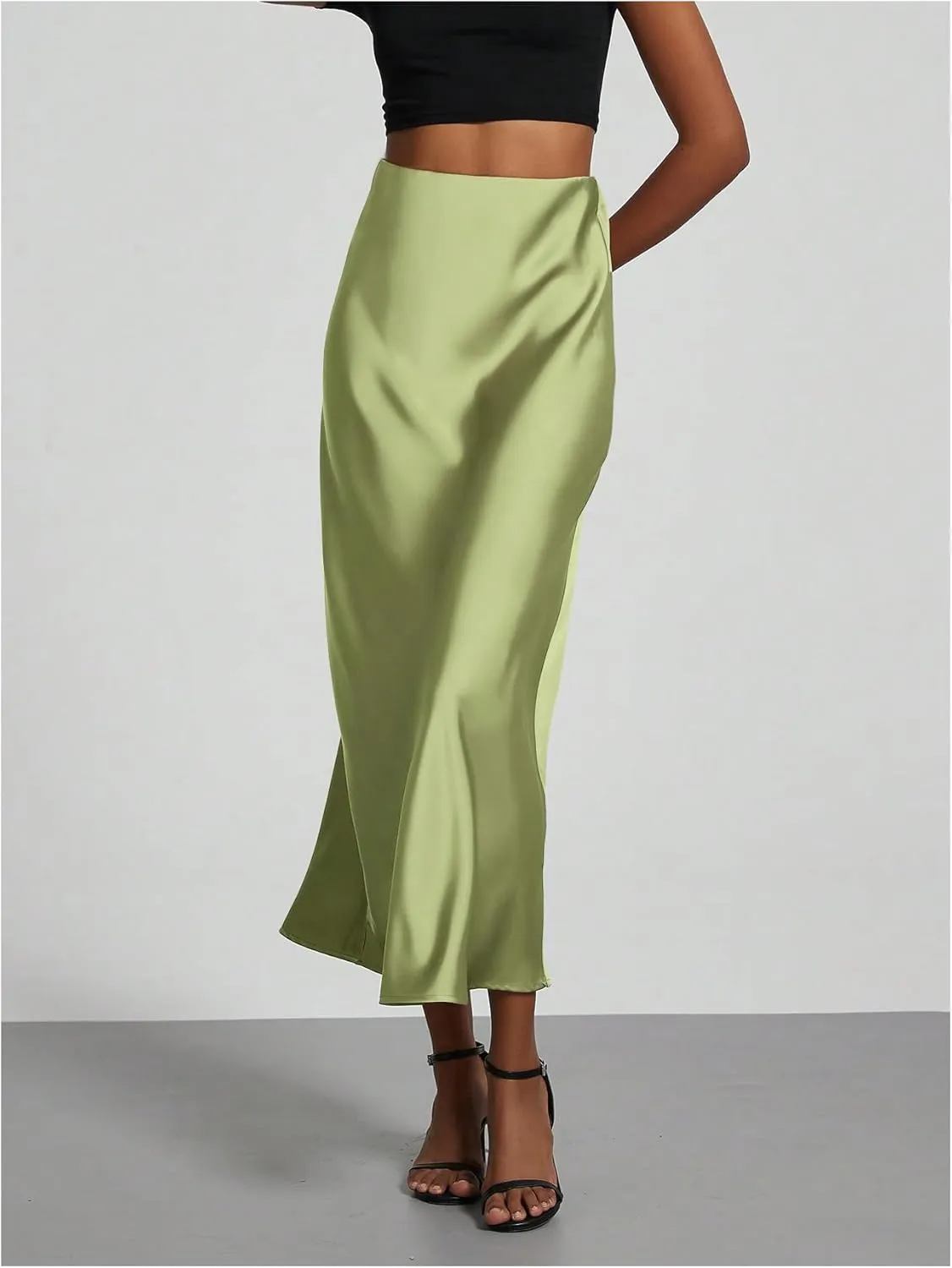 SOLY HUX Women's Elegant Satin Skirts High Waisted Flared Casual Work Office Fishtail Midi Skirt
