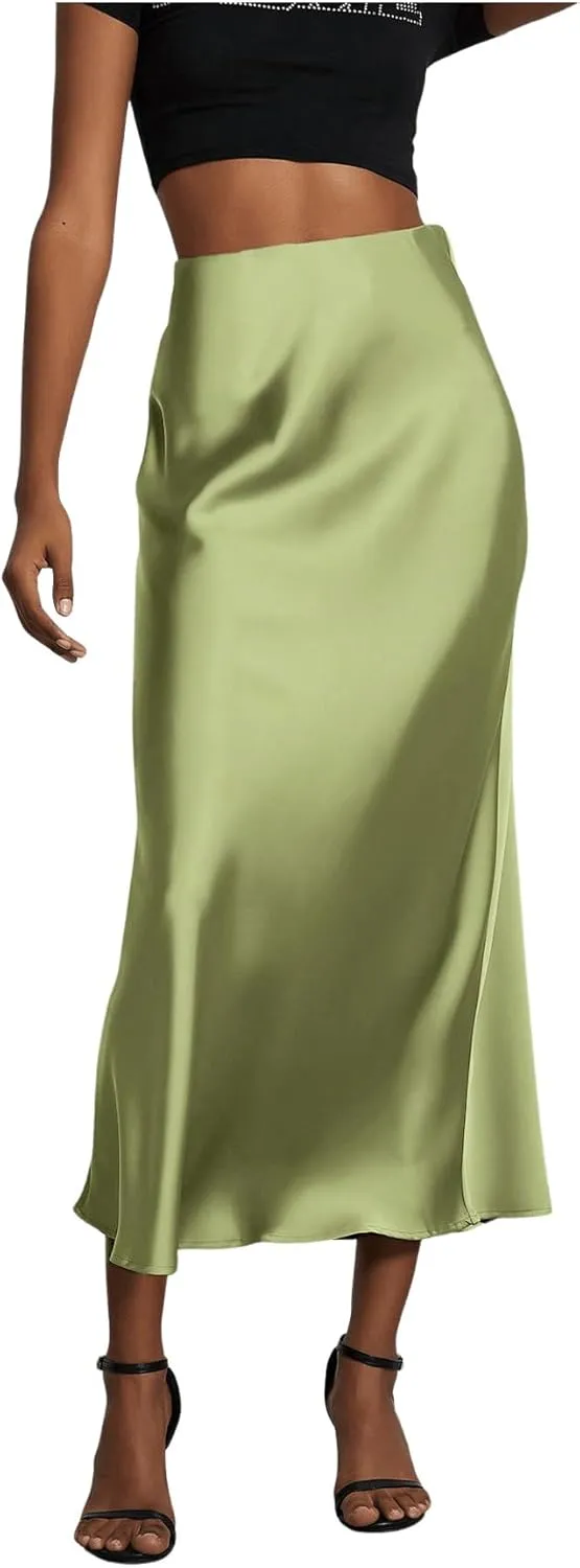 SOLY HUX Women's Elegant Satin Skirts High Waisted Flared Casual Work Office Fishtail Midi Skirt