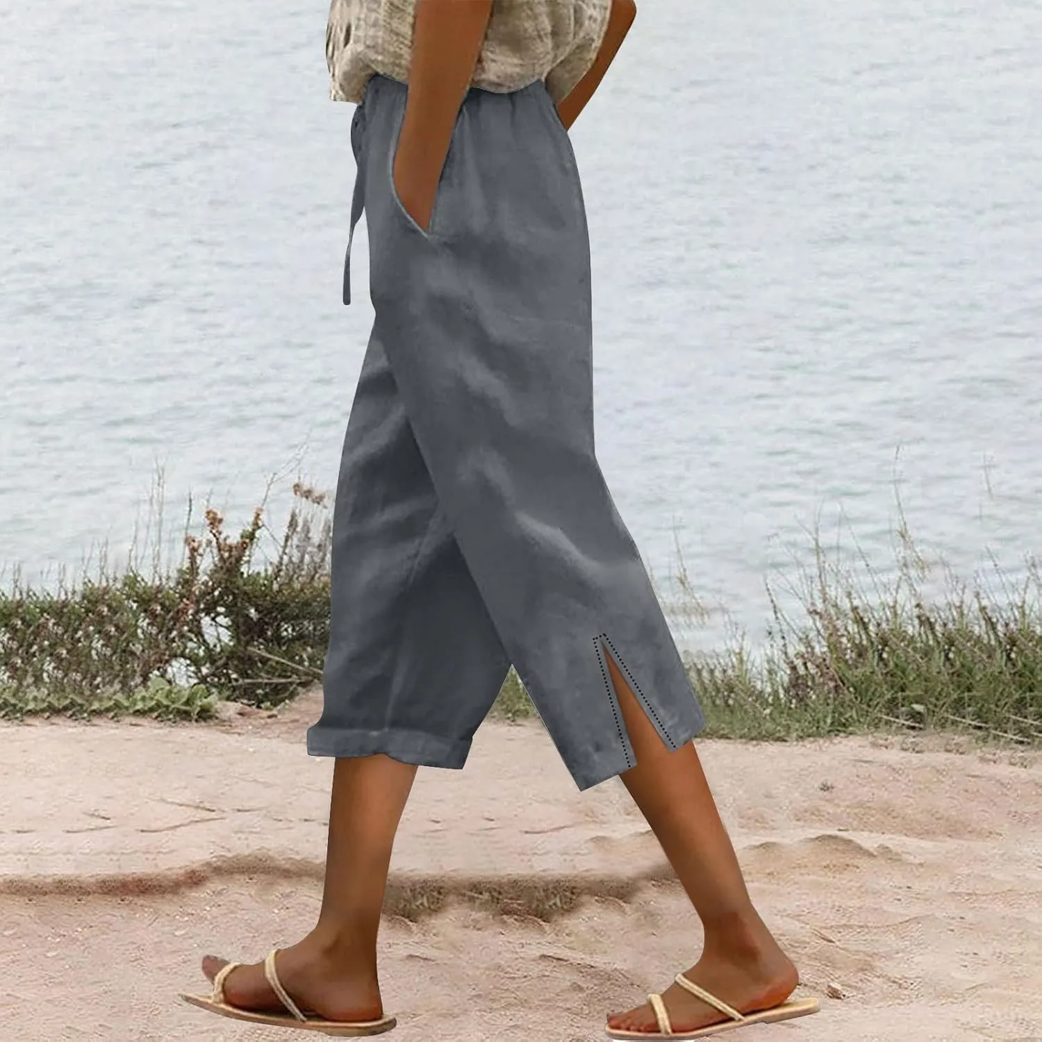 Striped Linen Pants Womens Work Business Capri Pant Lightweight Summer for Women 2025 Ladies Pinstripe Trousers