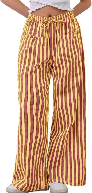 Striped Pants for Women 2025 Spring Drawstring Striped Pants Loose Wide Leg Trousers Casual Low Waist Pant