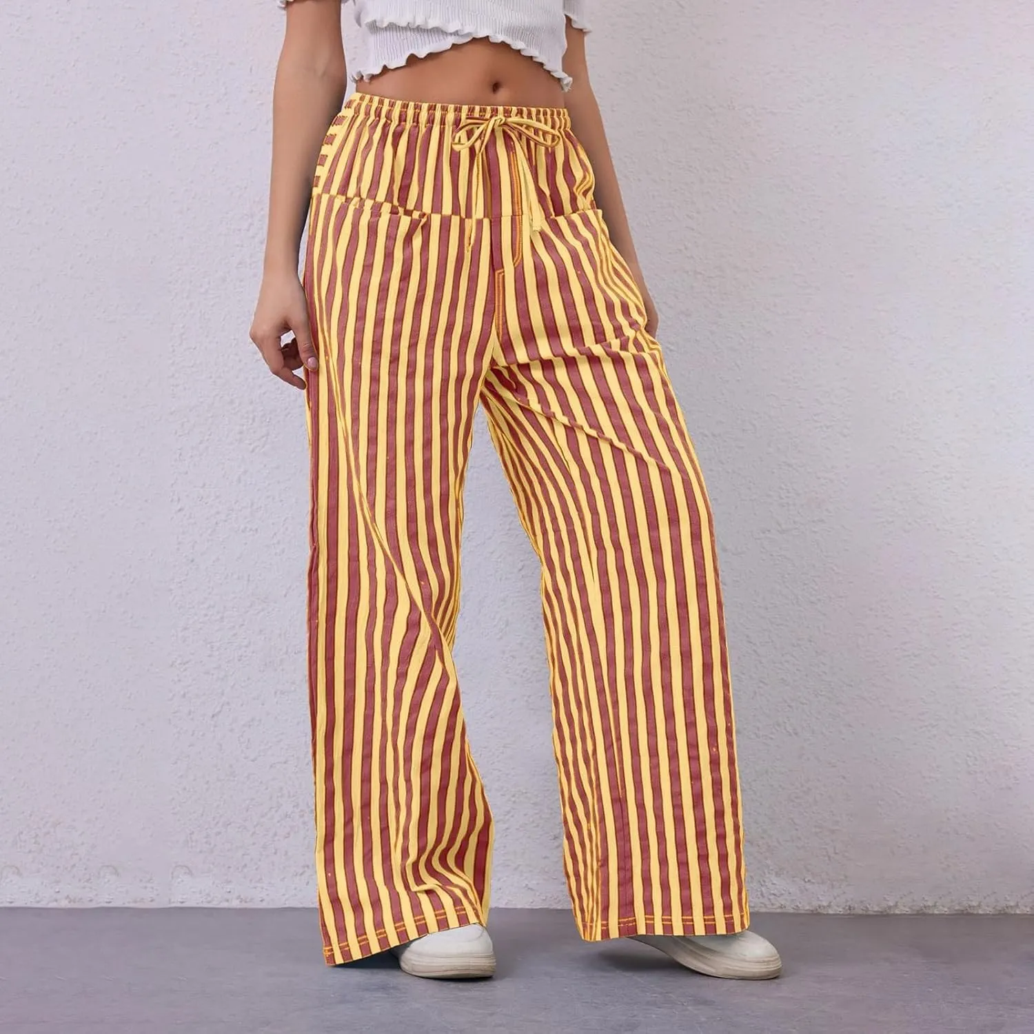 Striped Pants for Women 2025 Spring Drawstring Striped Pants Loose Wide Leg Trousers Casual Low Waist Pant