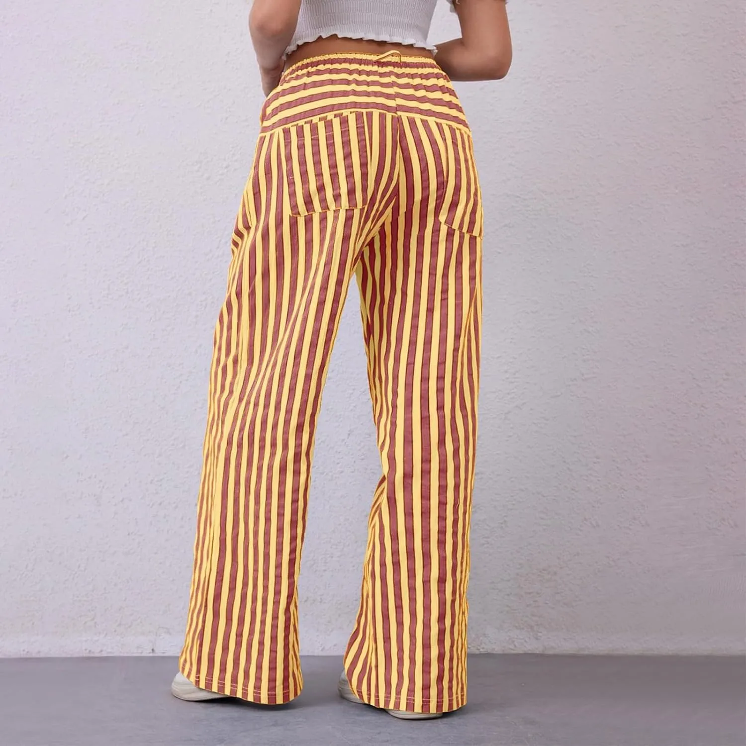 Striped Pants for Women 2025 Spring Drawstring Striped Pants Loose Wide Leg Trousers Casual Low Waist Pant