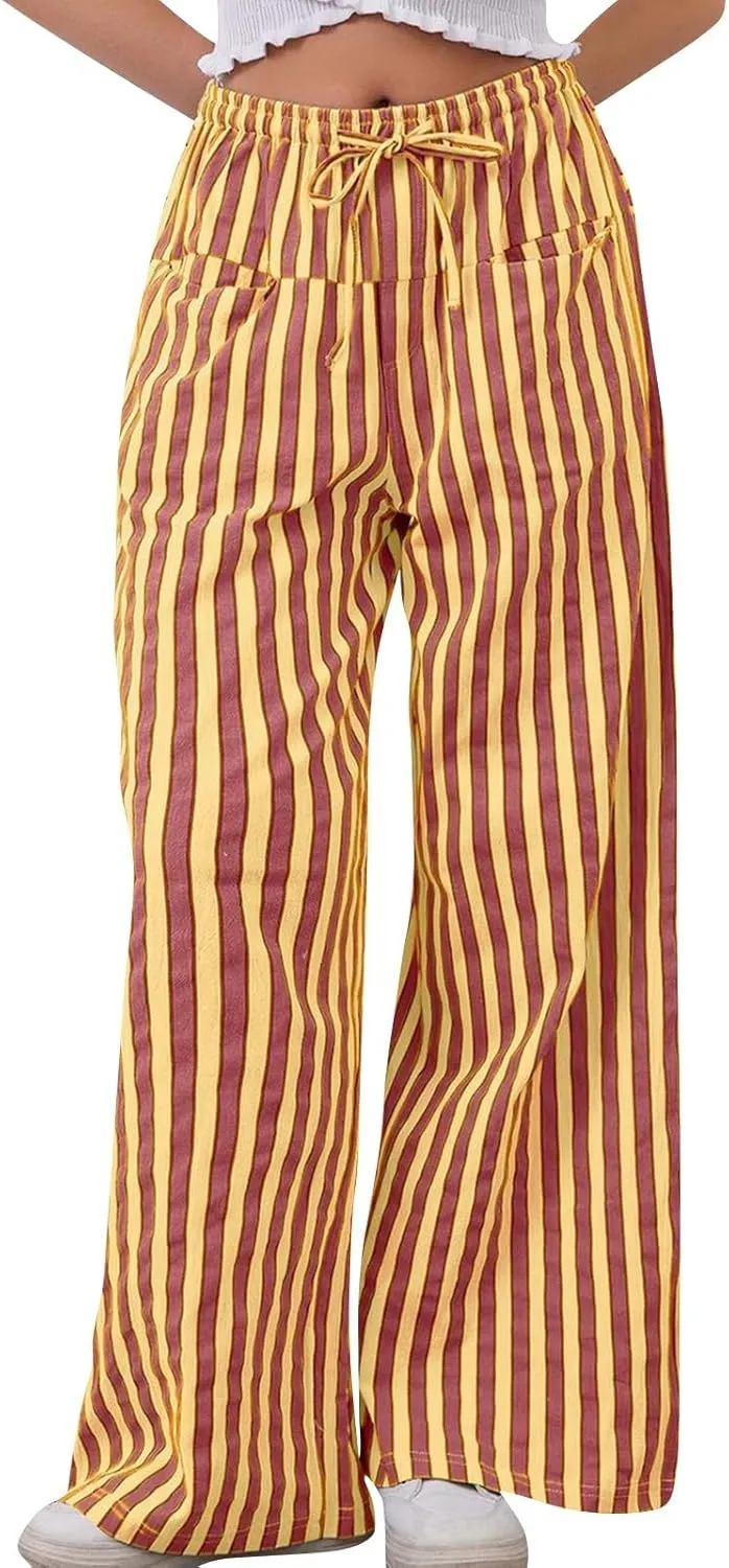 Striped Pants for Women 2025 Spring Drawstring Striped Pants Loose Wide Leg Trousers Casual Low Waist Pant