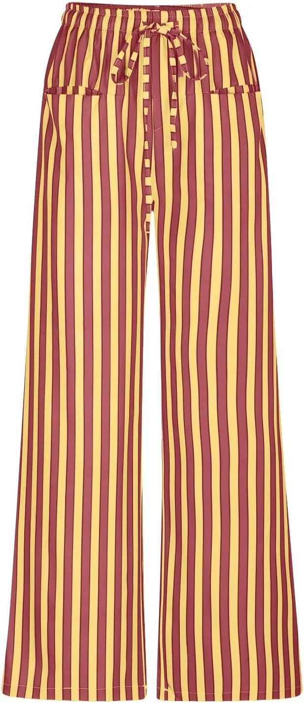 Striped Pants for Women 2025 Spring Drawstring Striped Pants Loose Wide Leg Trousers Casual Low Waist Pant
