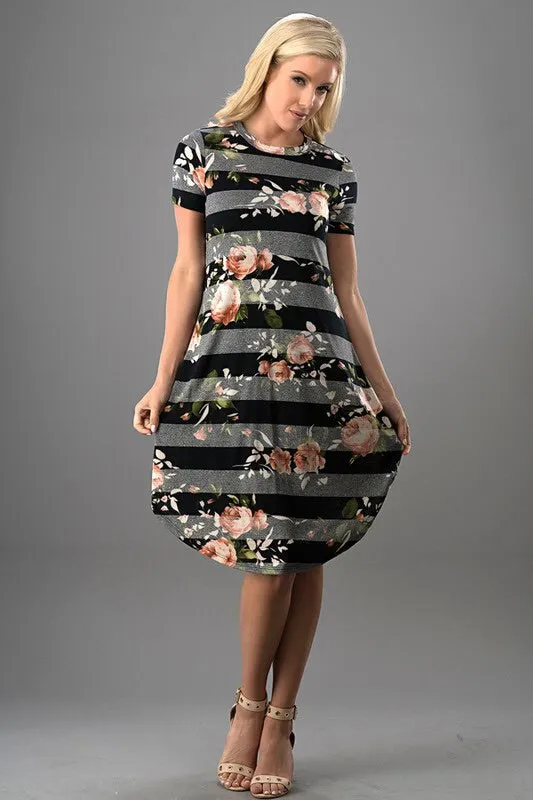 Two Tone Stripe & Floral Overlay Swing Midi Dress