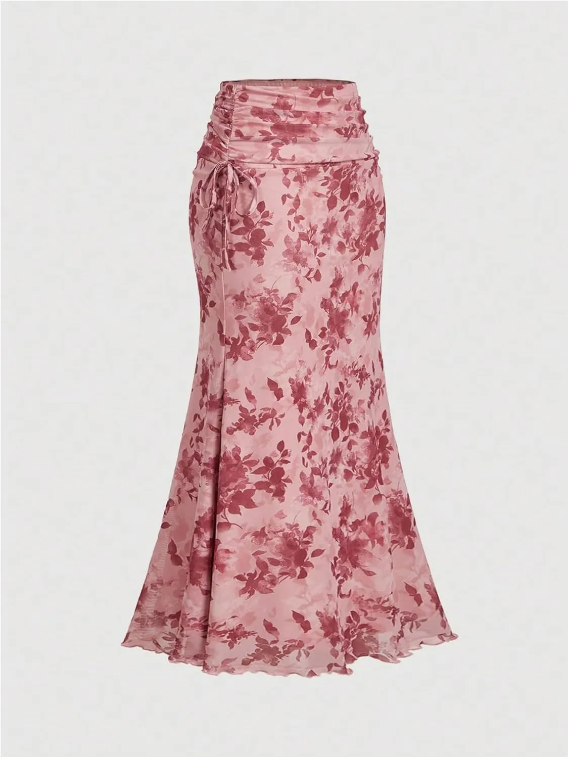 Verdusa Women's Holiday Floral Print Fishtail Skirt Side Drawstring Ruched Maxi Skirt