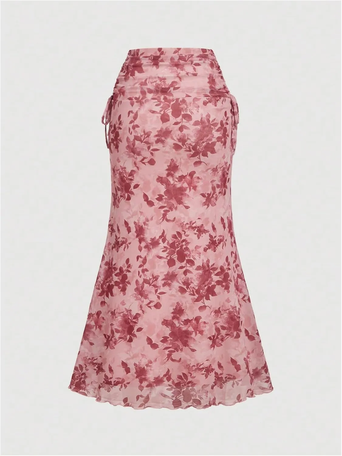 Verdusa Women's Holiday Floral Print Fishtail Skirt Side Drawstring Ruched Maxi Skirt