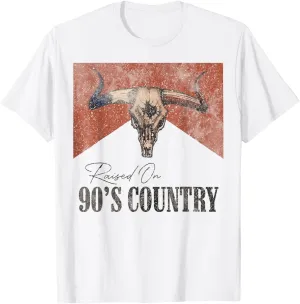 Vintage Western Bull Skull Raised On 90's Country Music T-Shirt
