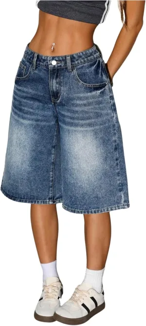 WDIRARA Women's Low Rise Baggy Denim Shorts Wide Leg Bermuda Jean Shorts