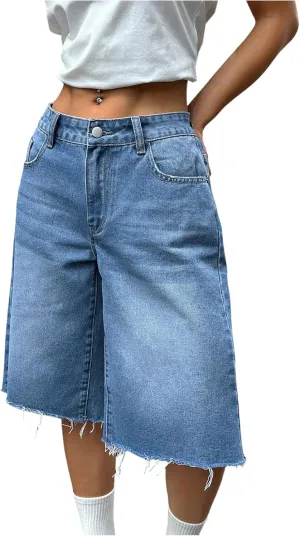 WDIRARA Women's Low Rise Baggy Denim Shorts Wide Leg Bermuda Jean Shorts