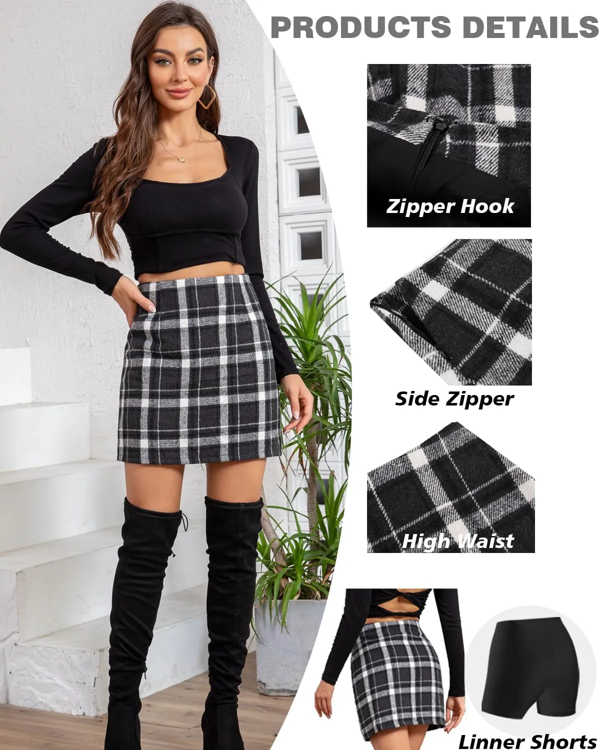 We1Fit Womens Plaid Skirts High Waist Wool Bodycon Pencil Mini Fall Skirt with Shorts