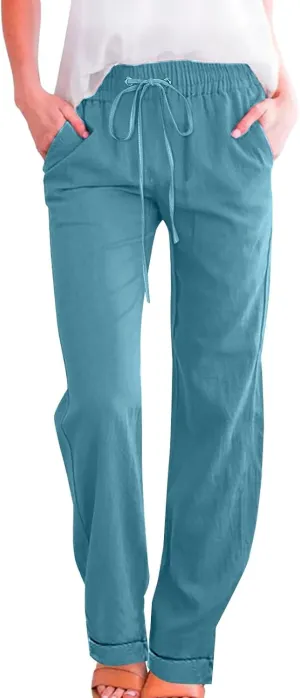 Women Linen Baggy Harem Pants Elastic High Waist Loose Slit Cropped Pants with Pockets with Pockets Women's Beach