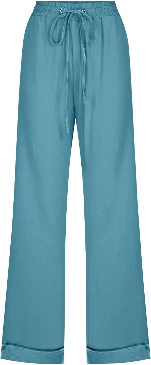 Women Linen Baggy Harem Pants Elastic High Waist Loose Slit Cropped Pants with Pockets with Pockets Women's Beach