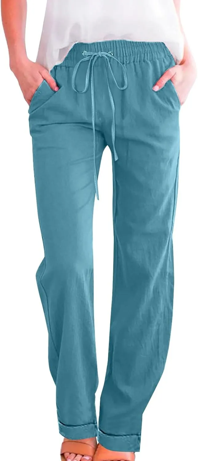 Women Linen Baggy Harem Pants Elastic High Waist Loose Slit Cropped Pants with Pockets with Pockets Women's Beach