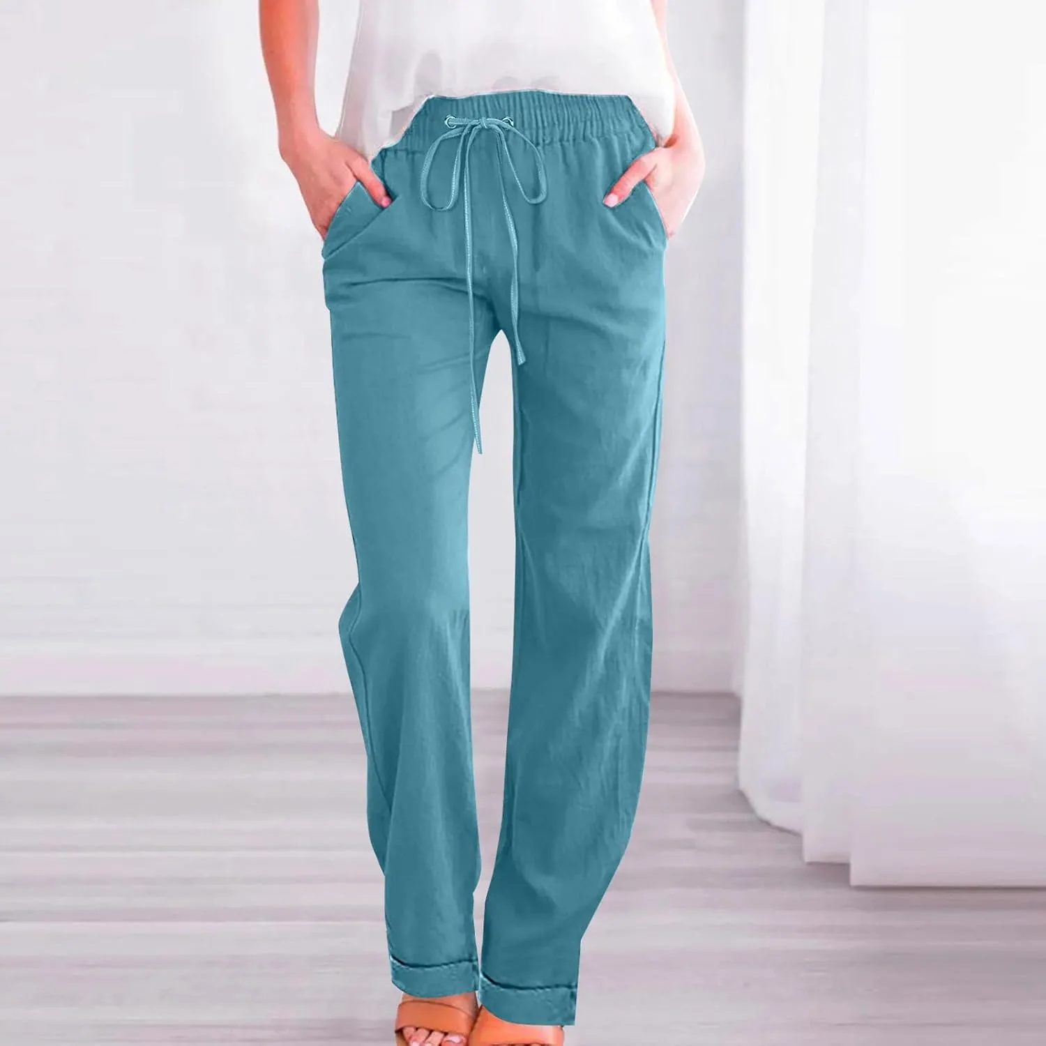 Women Linen Baggy Harem Pants Elastic High Waist Loose Slit Cropped Pants with Pockets with Pockets Women's Beach