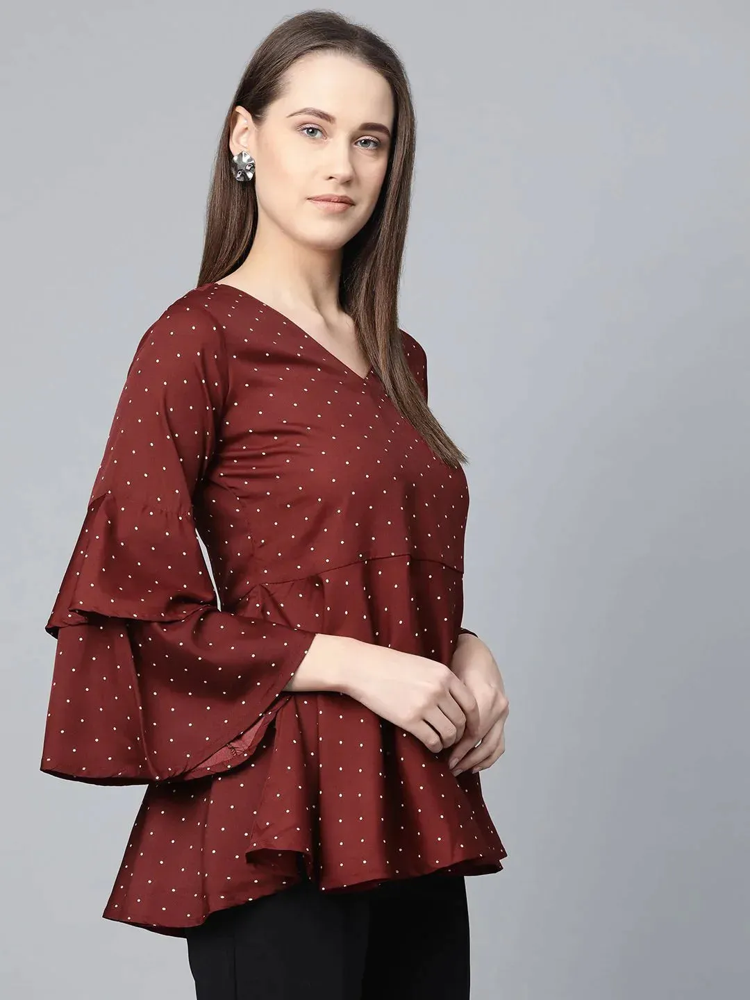 Women Maroon & White Printed A-Line Top